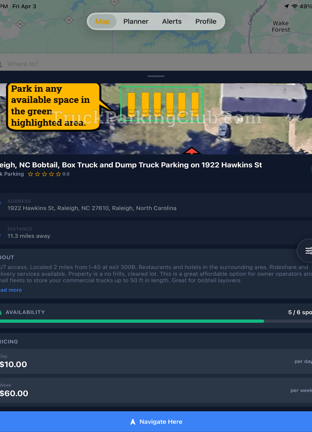 Truck parking on the route in the Argus app
