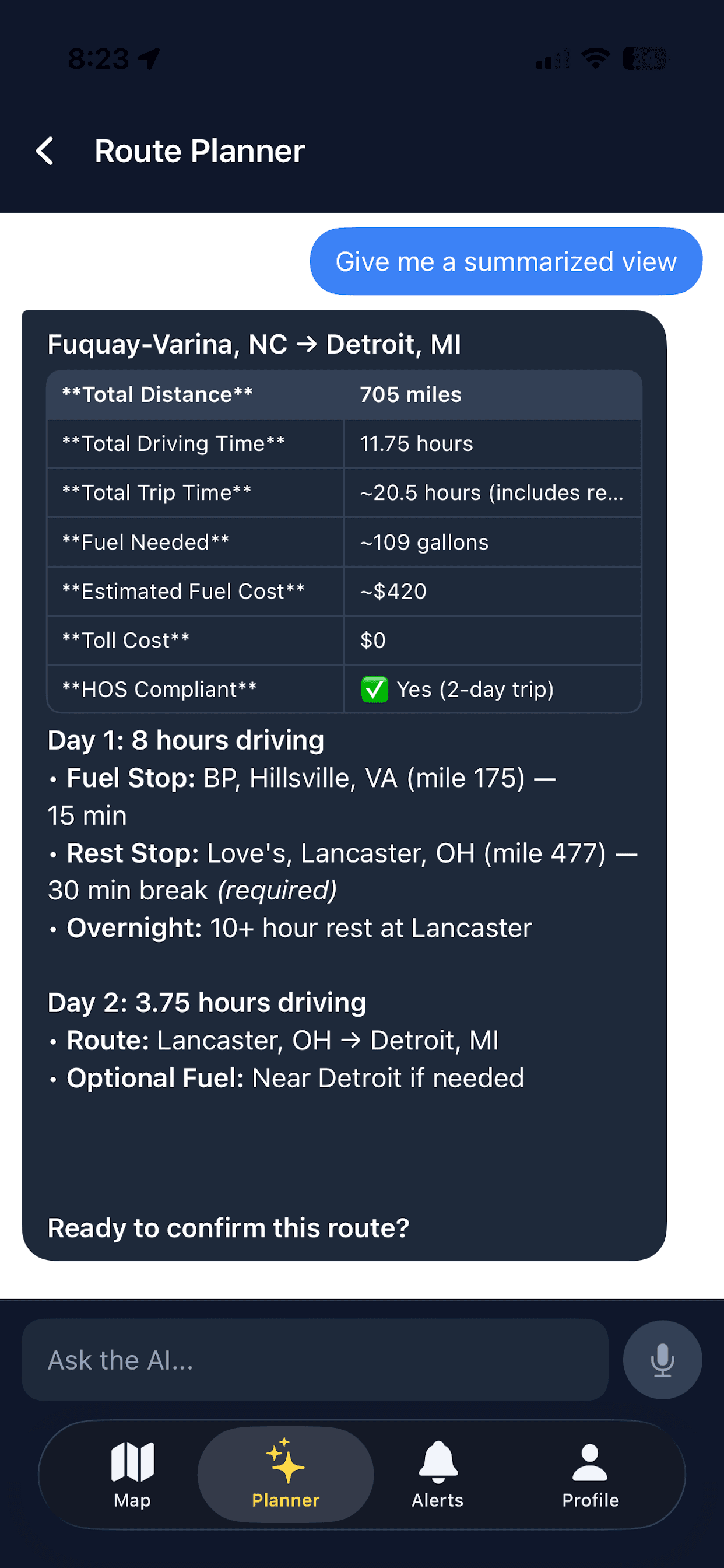 The Route Planner in the Argus app answering a driver request with a full trip plan